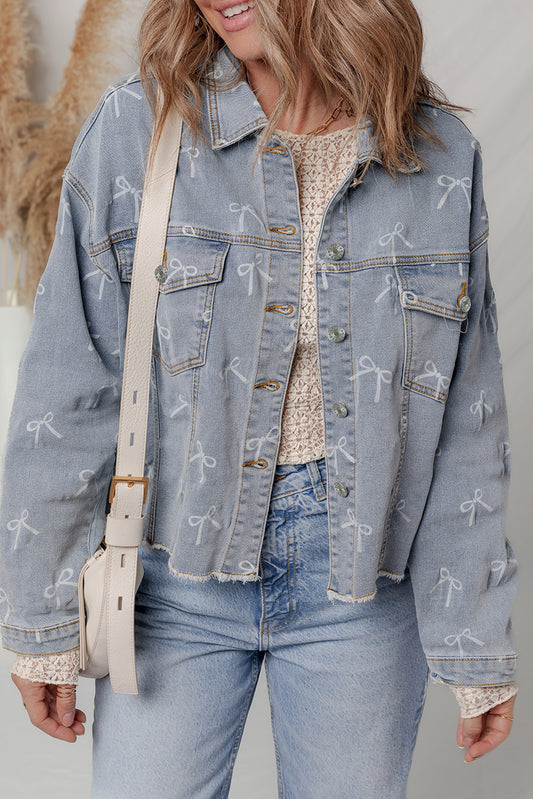 Bow Knot Print Light Wash Raw Hem Denim Jacket