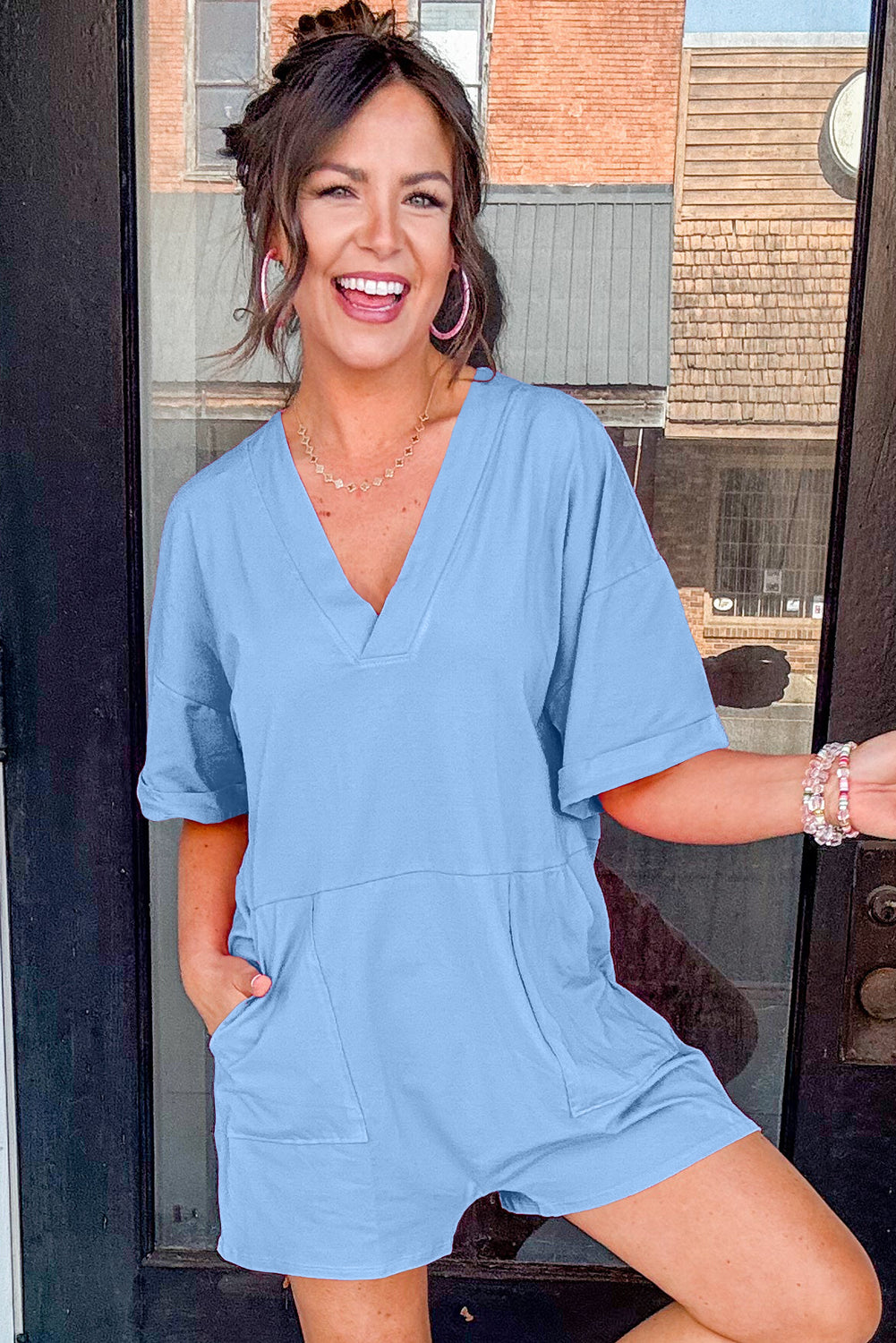 Loose Half Sleeve V Neck Knit Romper