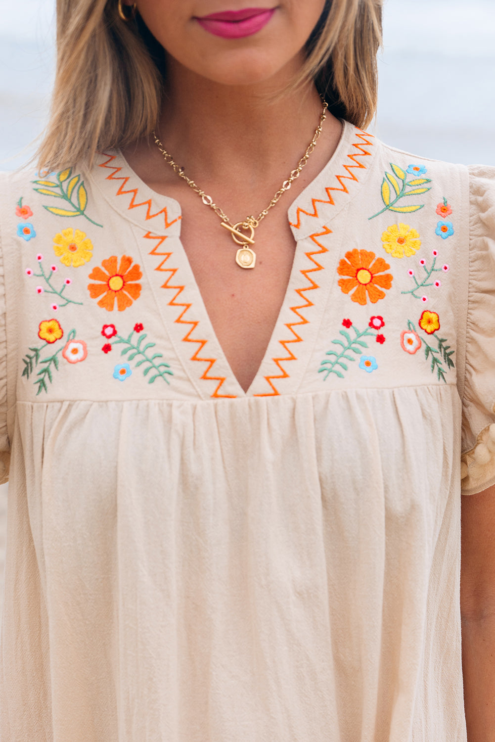 Linen Embroidery Split Neck Pom Pom Ruffle Sleeves Flowy Short Dress