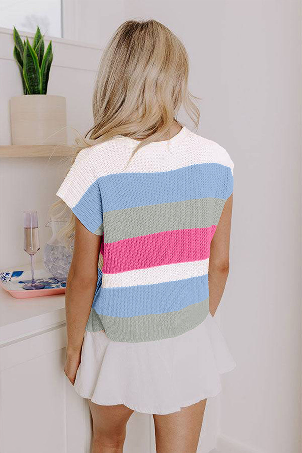 Color Block Notch V Neck Sweater T Shirt