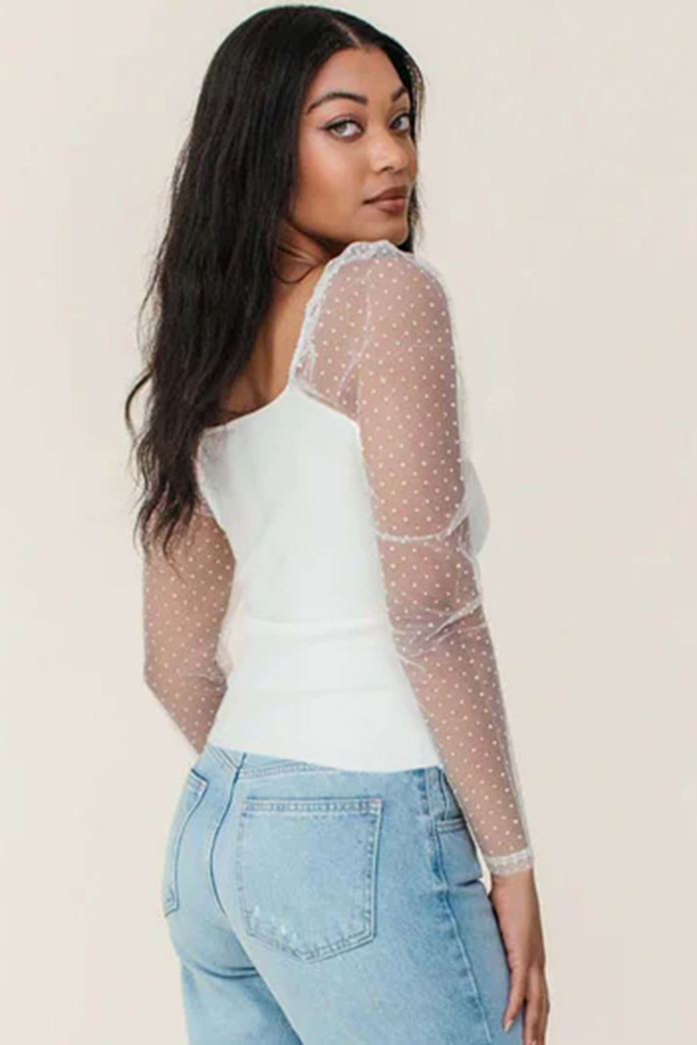 Swiss Dot Mesh Long Sleeve Square Neck Slim Top
