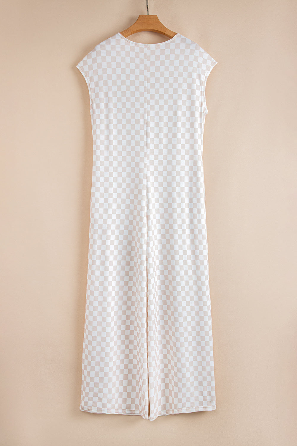 Checkered Print Buttoned Crew Neck Wide Leg Jumpsuit