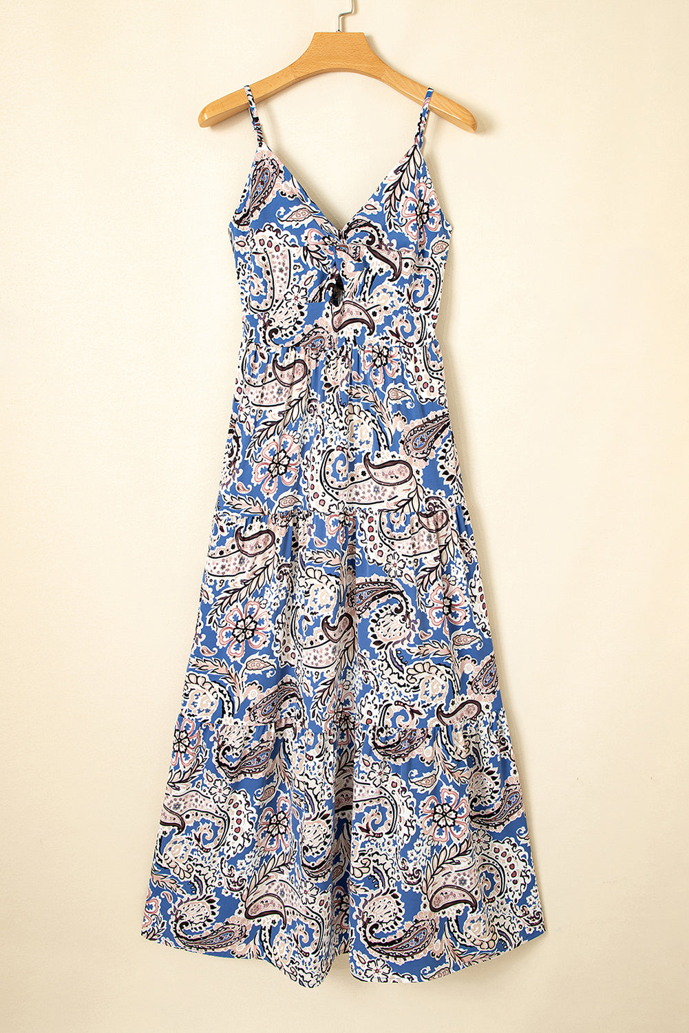 Paisley Print Twist Detail Smocked Back Spaghetti Straps Long Dress