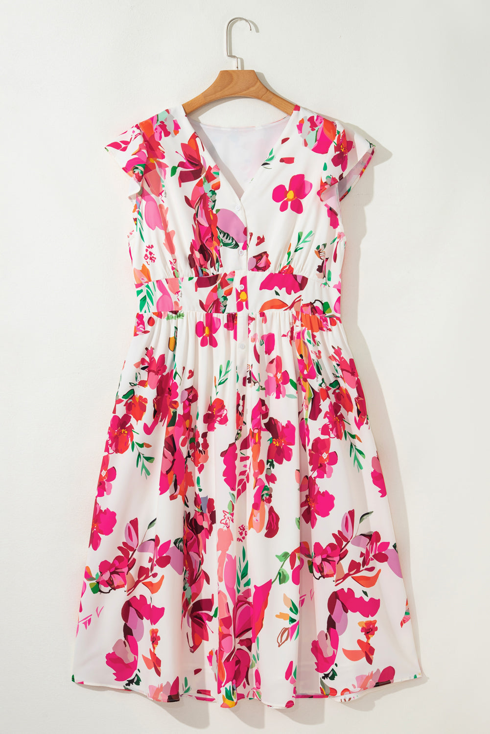 Floral Print V Neck Ruffle Sleeve Plus Size Midi Dress