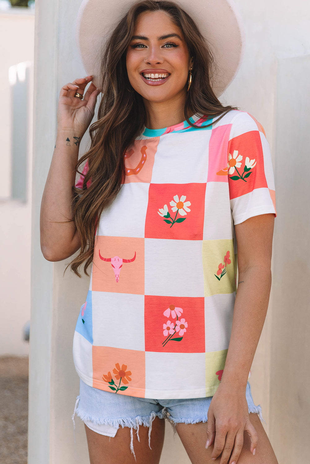 Western Fashion Checker Print Crewneck T Shirt