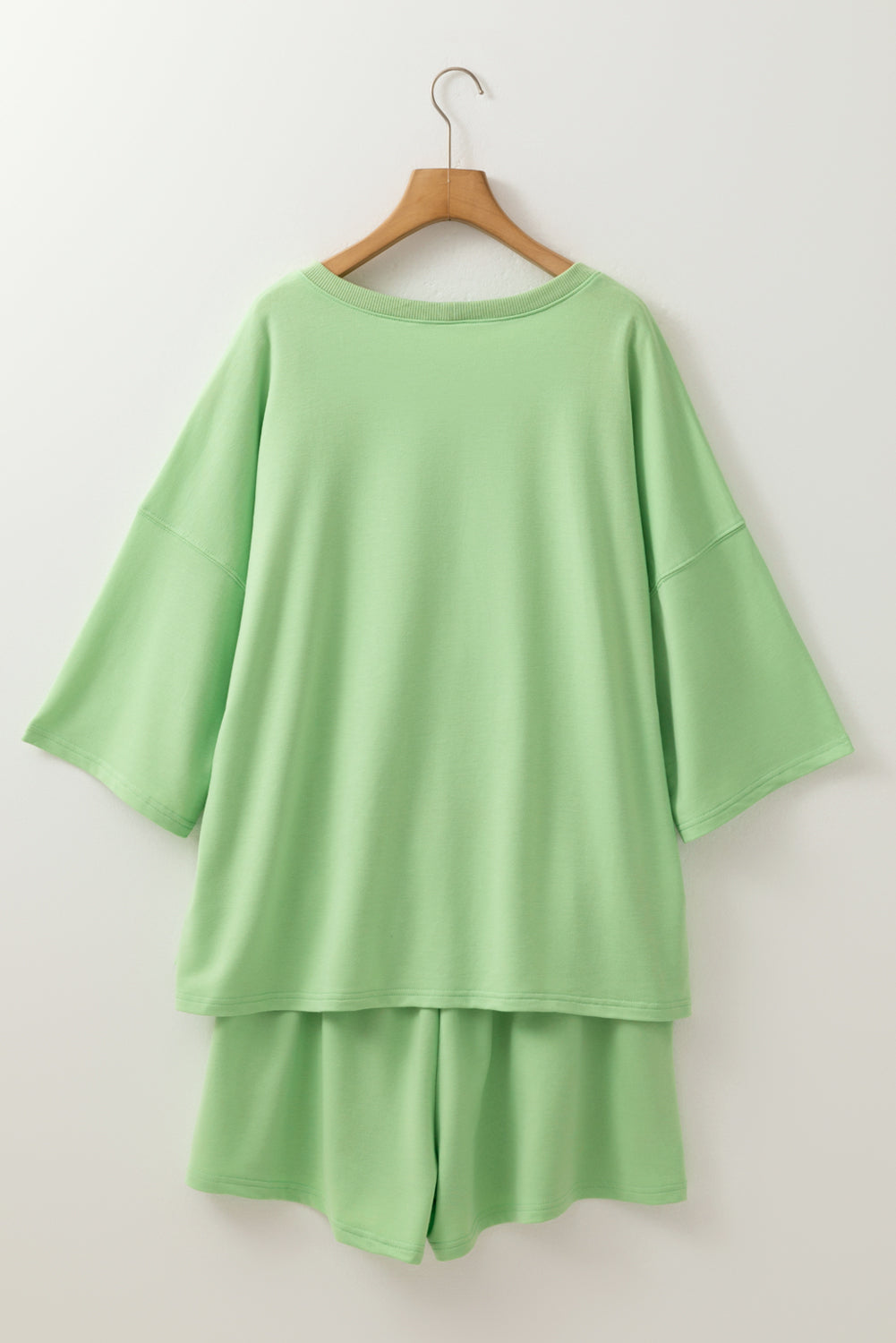 Green Plus Size V Neck Drop Shoulder Tee Loose Shorts 2pcs Outfit