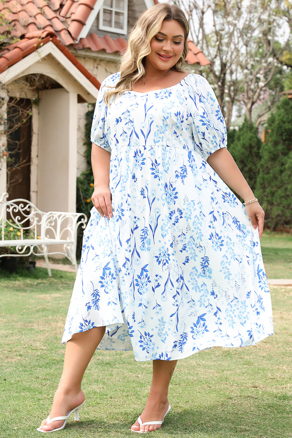 Floral Print Sweetheart Neck Plus Size Midi Dress