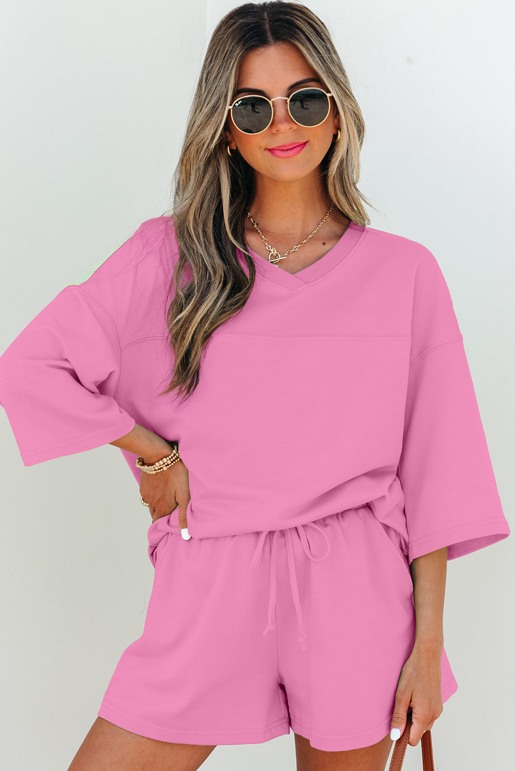Solid Loose V Neck Half Sleeve Tee and Shorts