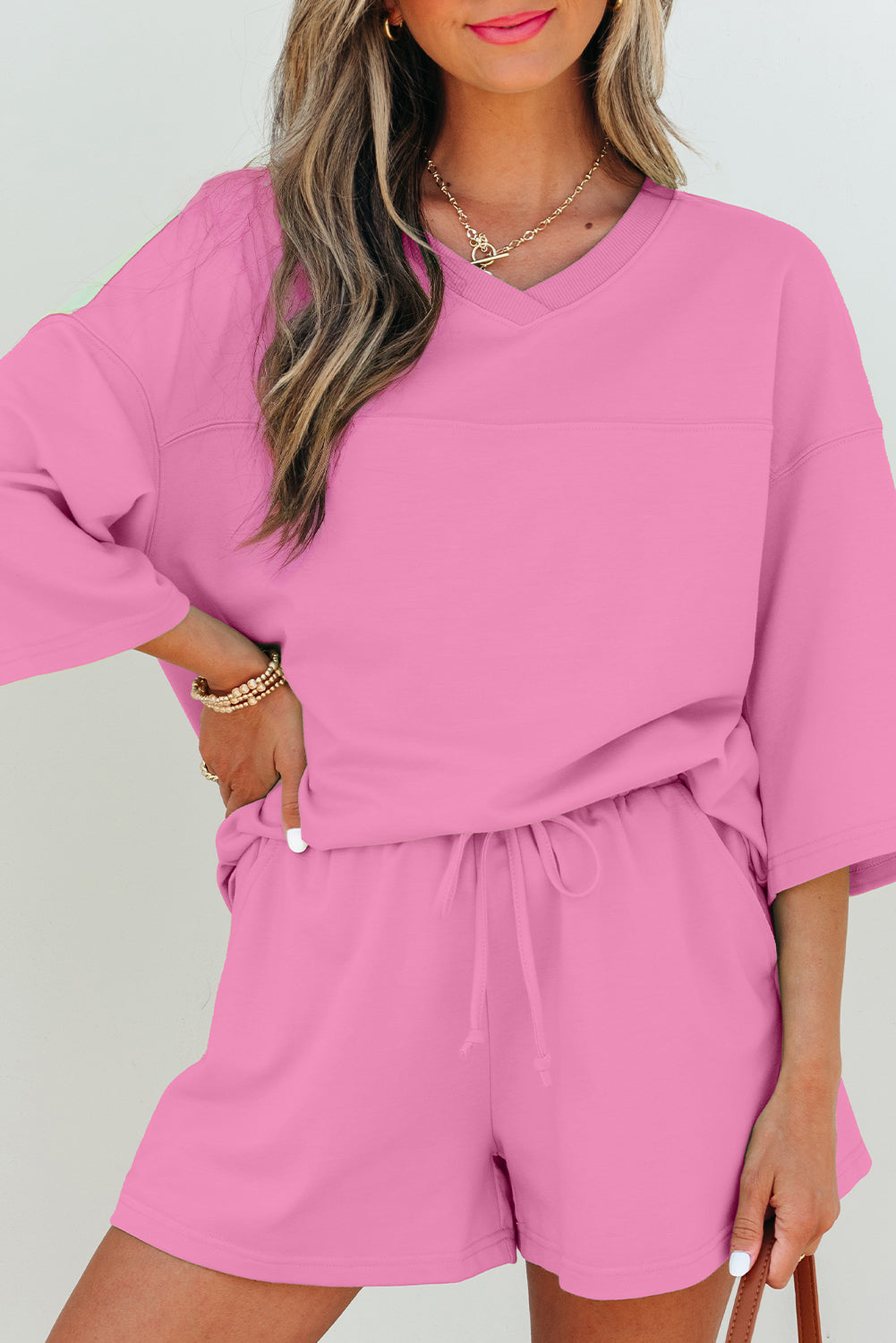 Solid Loose V Neck Half Sleeve Tee and Shorts
