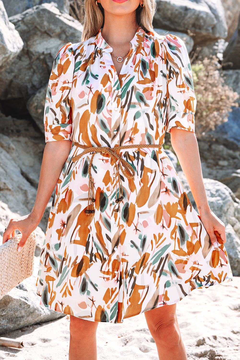 Abstract Printed Puff Sleeve Button Up Braided Belt Mini Dress