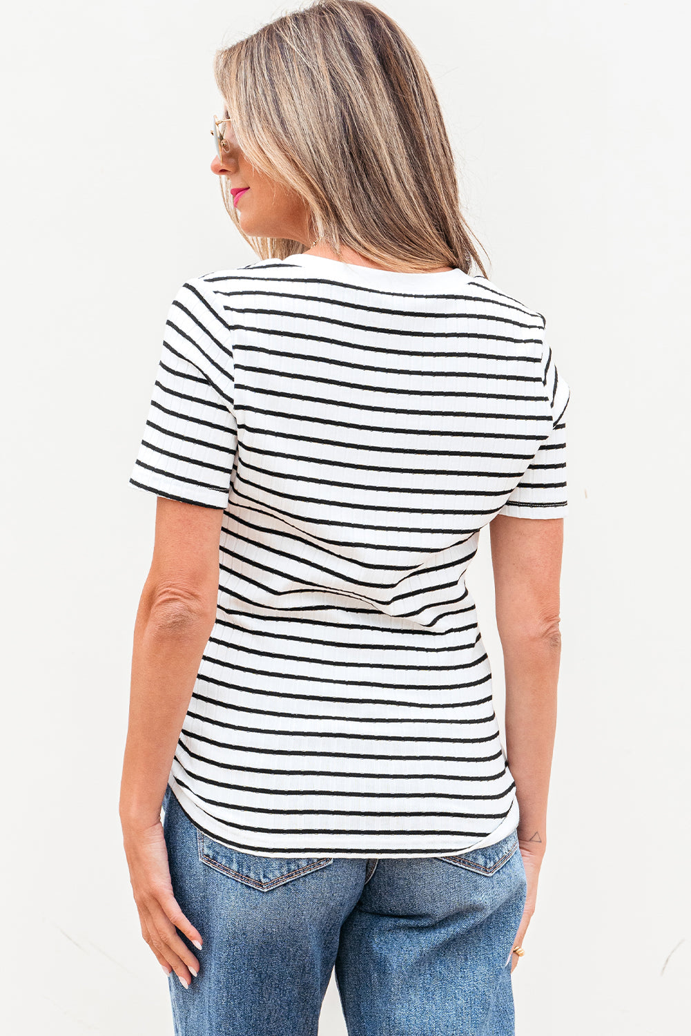 Stripe Textured Short Sleeve Buttoned Henley Top