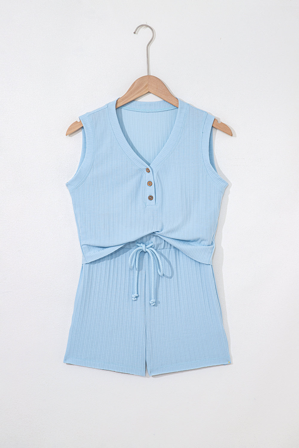 Ribbed Button V Neck Tank Top and Shorts Set