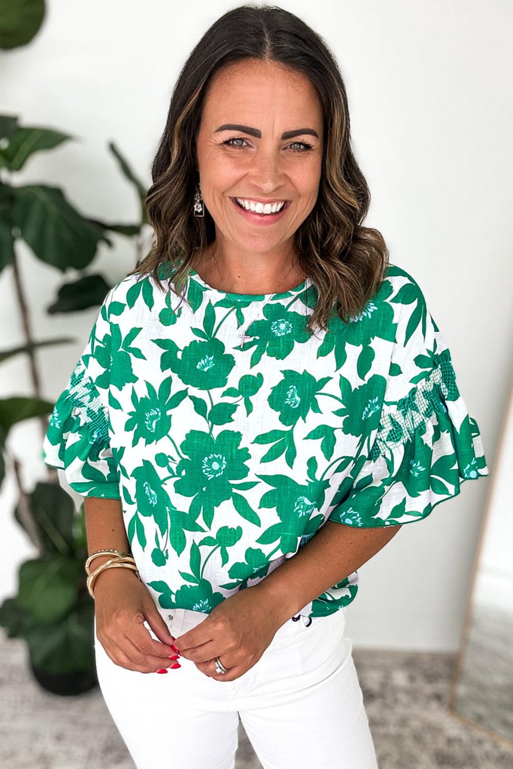 Floral Printed Ruffled Short Sleeve Round Neck Loose Blouse