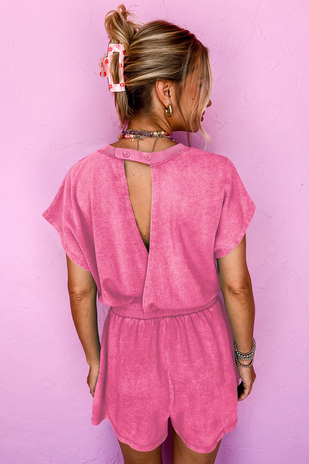 Mineral Wash Drawstring Waist Hollow Out Back Short Sleeve Romper