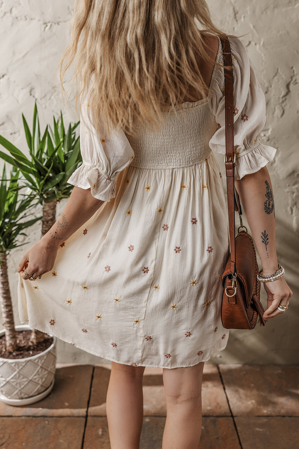 Embroidered Flower Smocked Bust Half Puff Sleeve Empire Waist Textured Flowy Dress