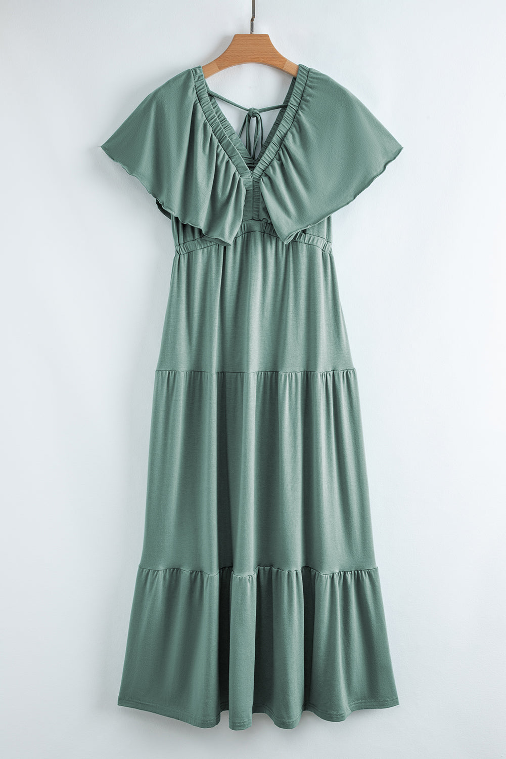 Textured V Neck Flutter Sleeve Ruffled Maxi Dress