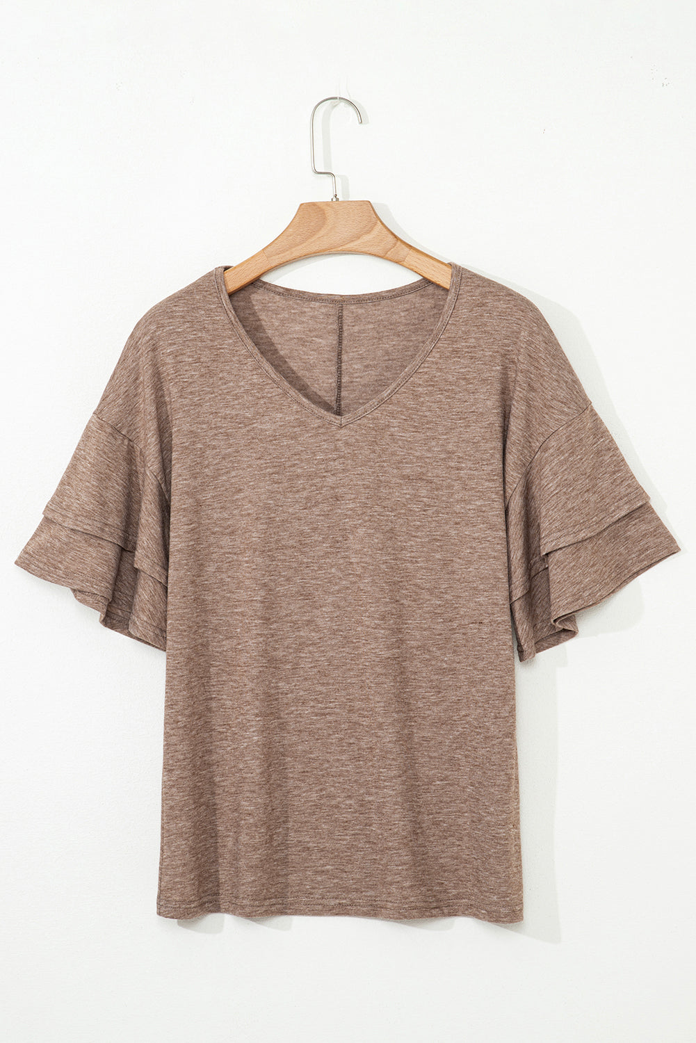 Solid Colour V-Neck Double Layer Sleeve Loose T-Shirt