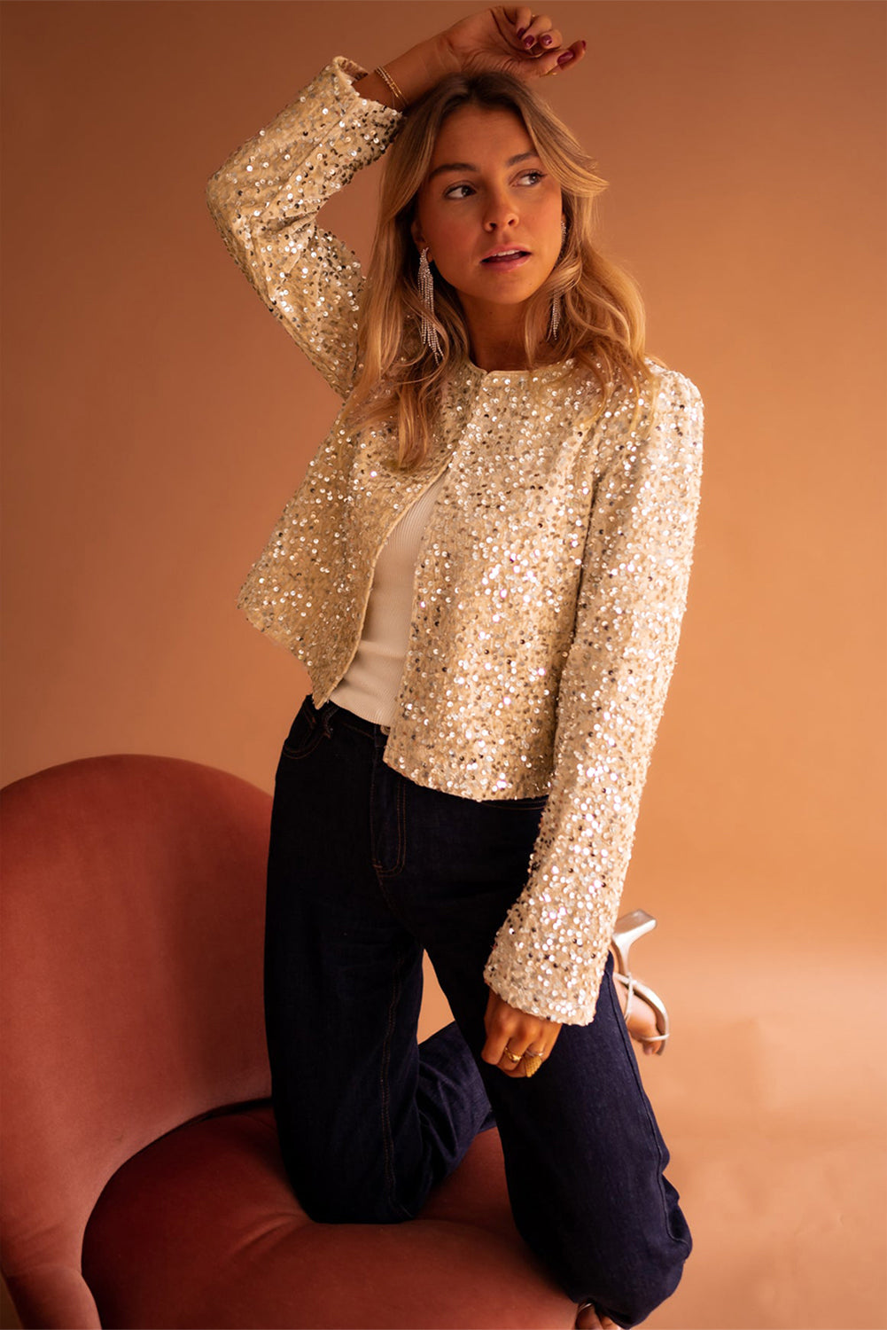 Fleece Sequined Open Front Cropped Jacket