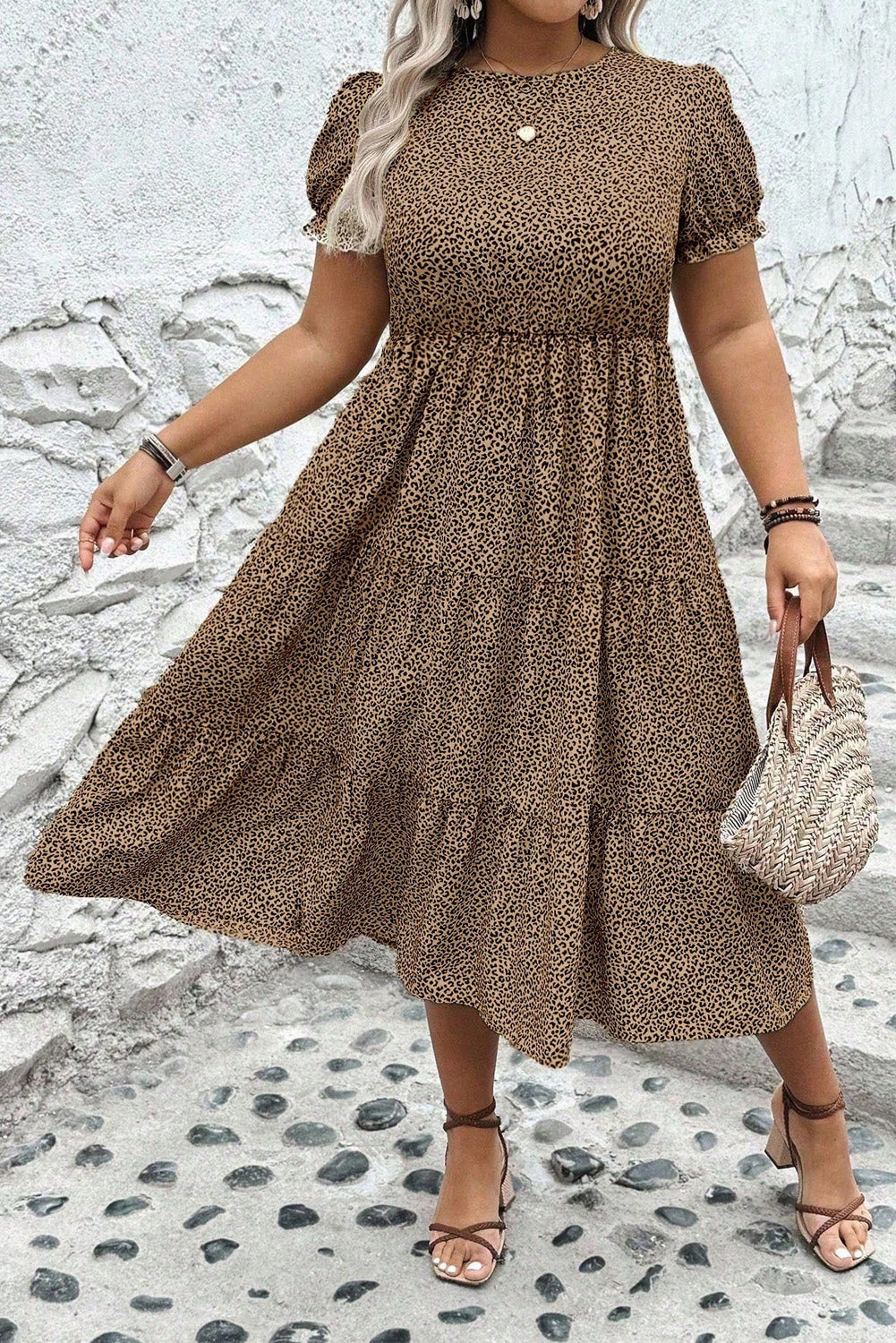 Plus Size Leopard Print Frill Trim Short Sleeve Flared Dress