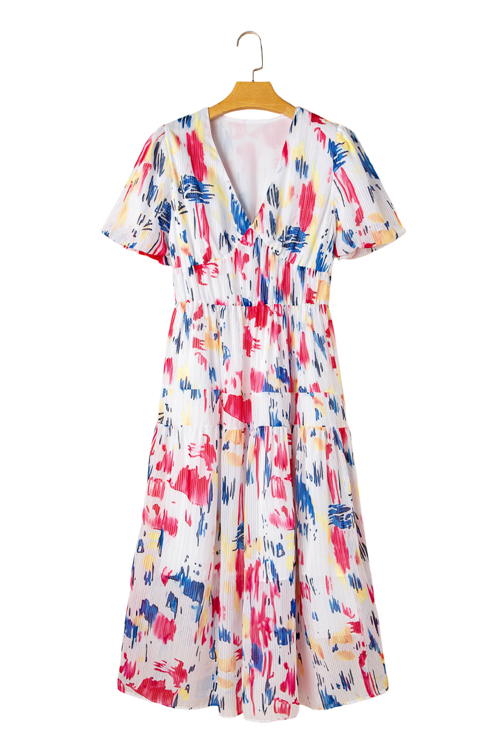 Abstract Print Short Puff Sleeve Tiered Maxi Dress