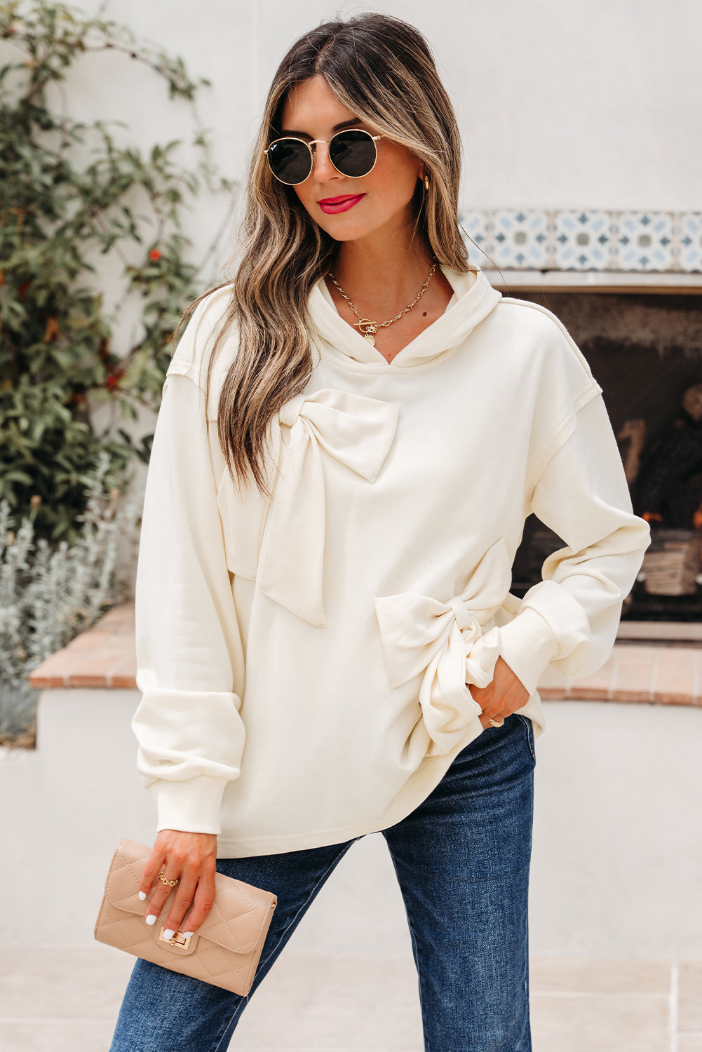 Solid Color Cute Bow Detail Loose Hoodie
