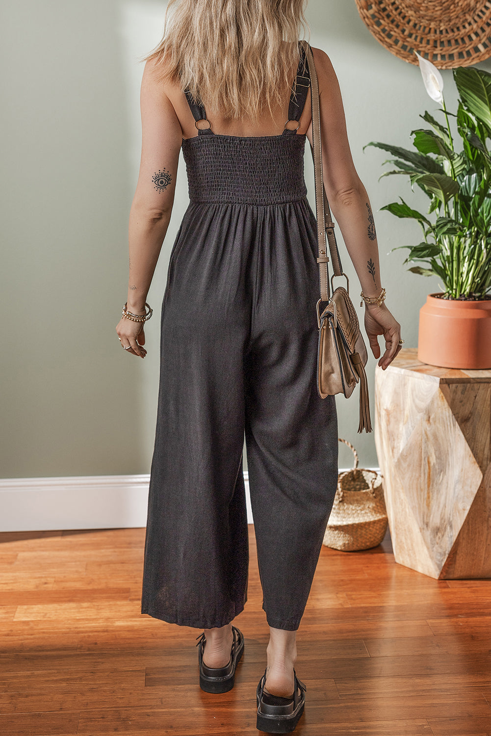 Front Cut Out Smocked Back Sleeveless Wide Leg Jumpsuit