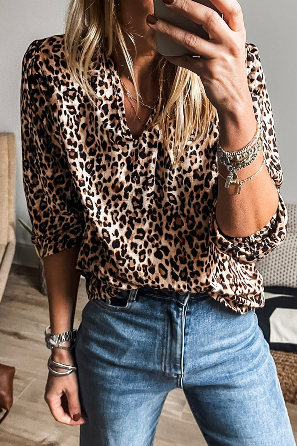 Leopard V Neck Half Sleeve Blouse