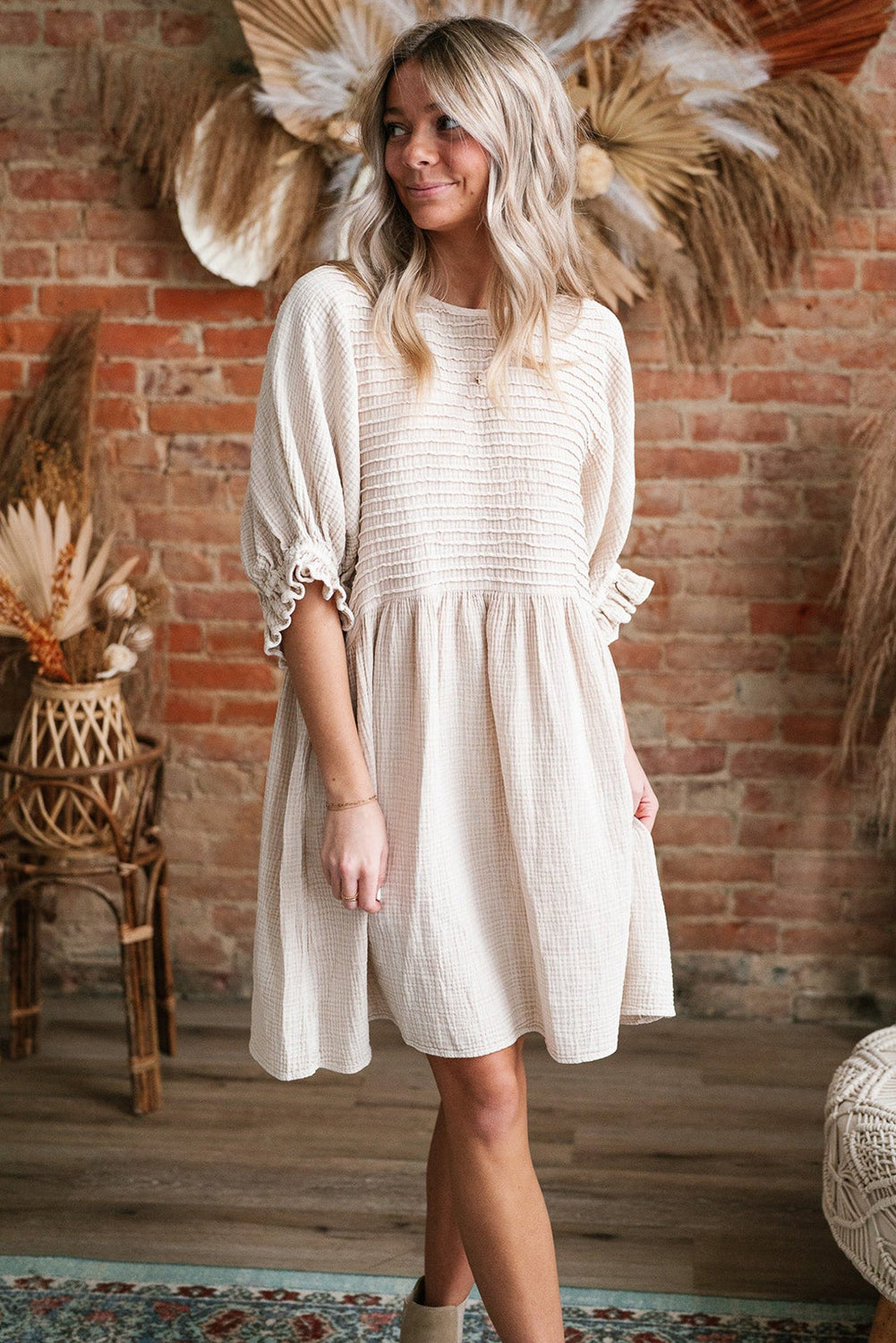 Textured Ruffled Puff Sleeve Loose Dress