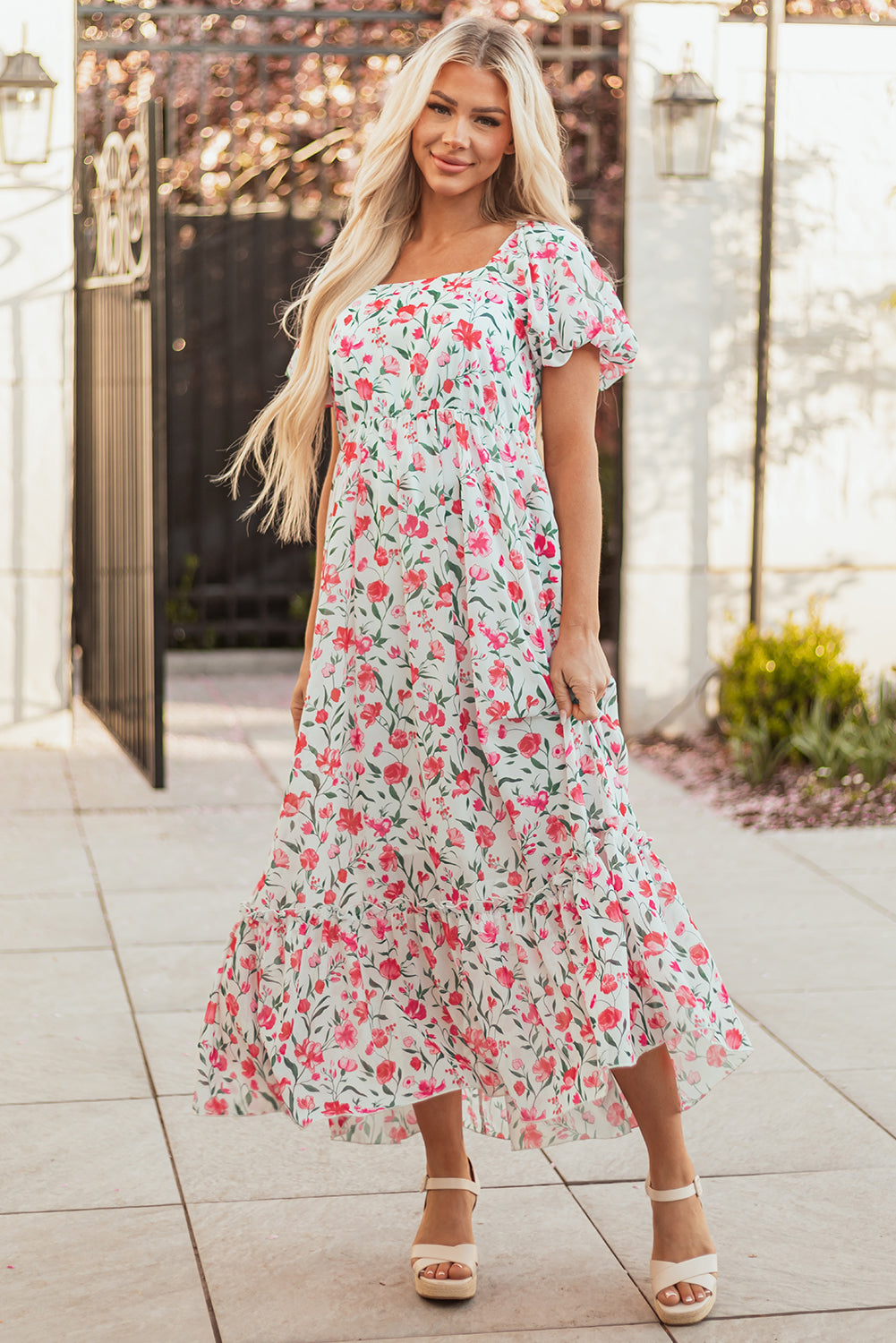 Floral Puff Sleeve Square Neck Empire Waist Tiered Maxi Dress