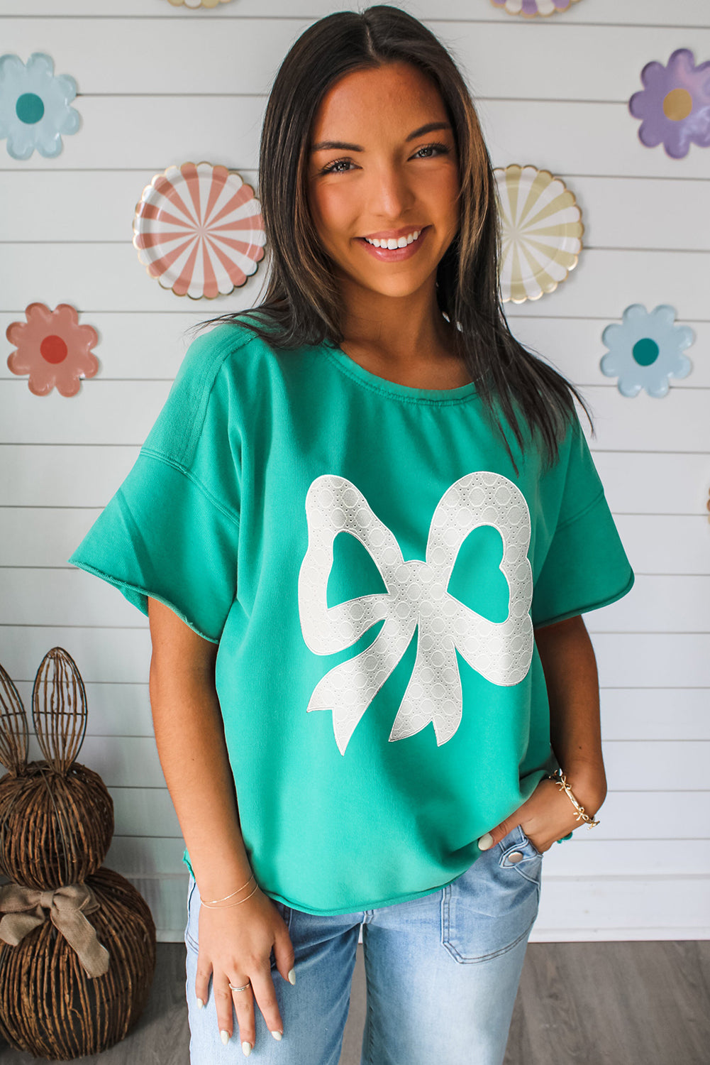 Lace Bow Raw Edge Drop Shoulder Casual T Shirt