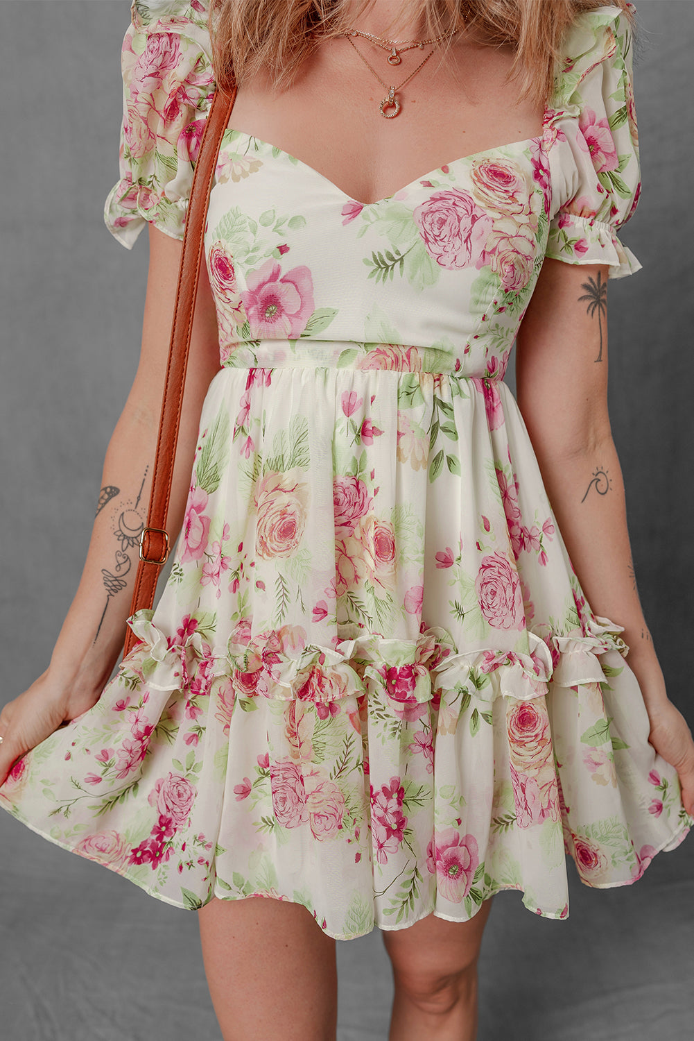 Vibrant Floral Bubble Sleeve Sweetheart Neck Ruffle Mini Dress