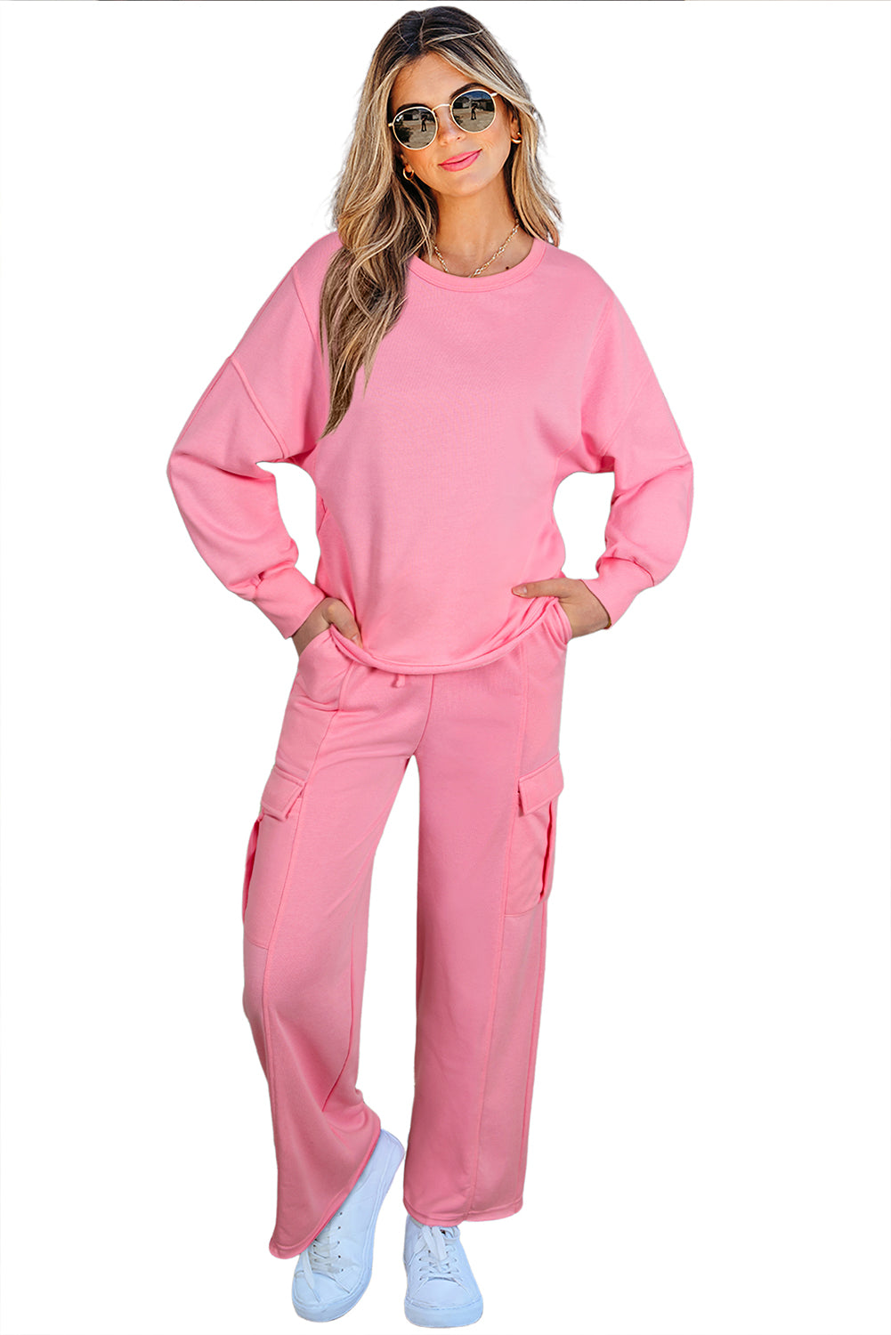 Solid Color Patchwork Pullover Top and Cargo Pants Set
