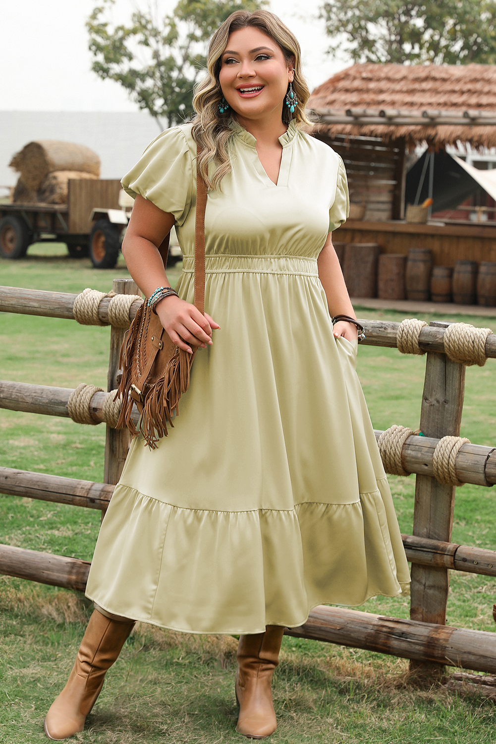 Notched V Neck Puff Sleeve Tiered Plus Size Maxi Dress
