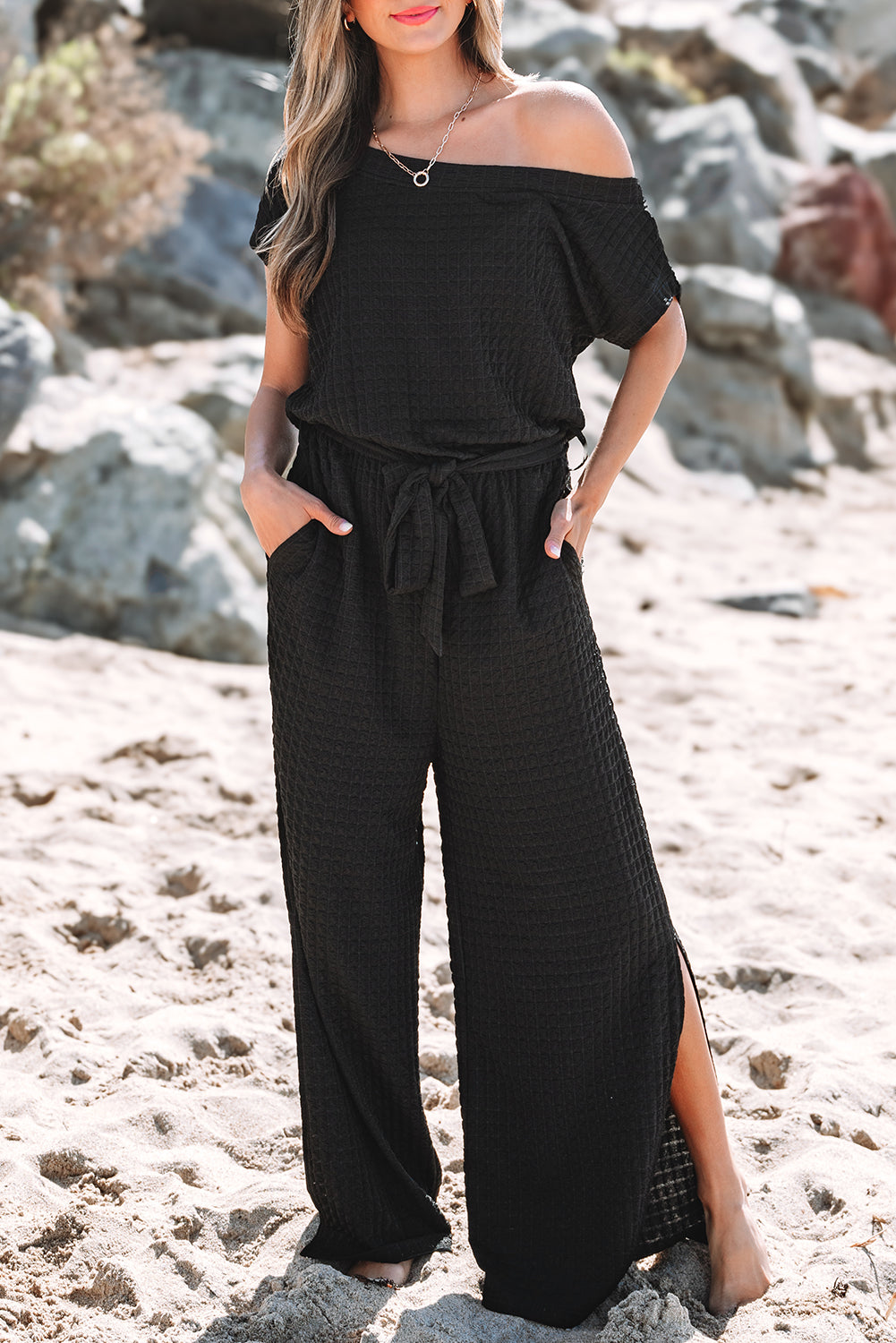 Checkered Mesh One Shoulder Short Sleeve Knotted Waist Jumpsuit