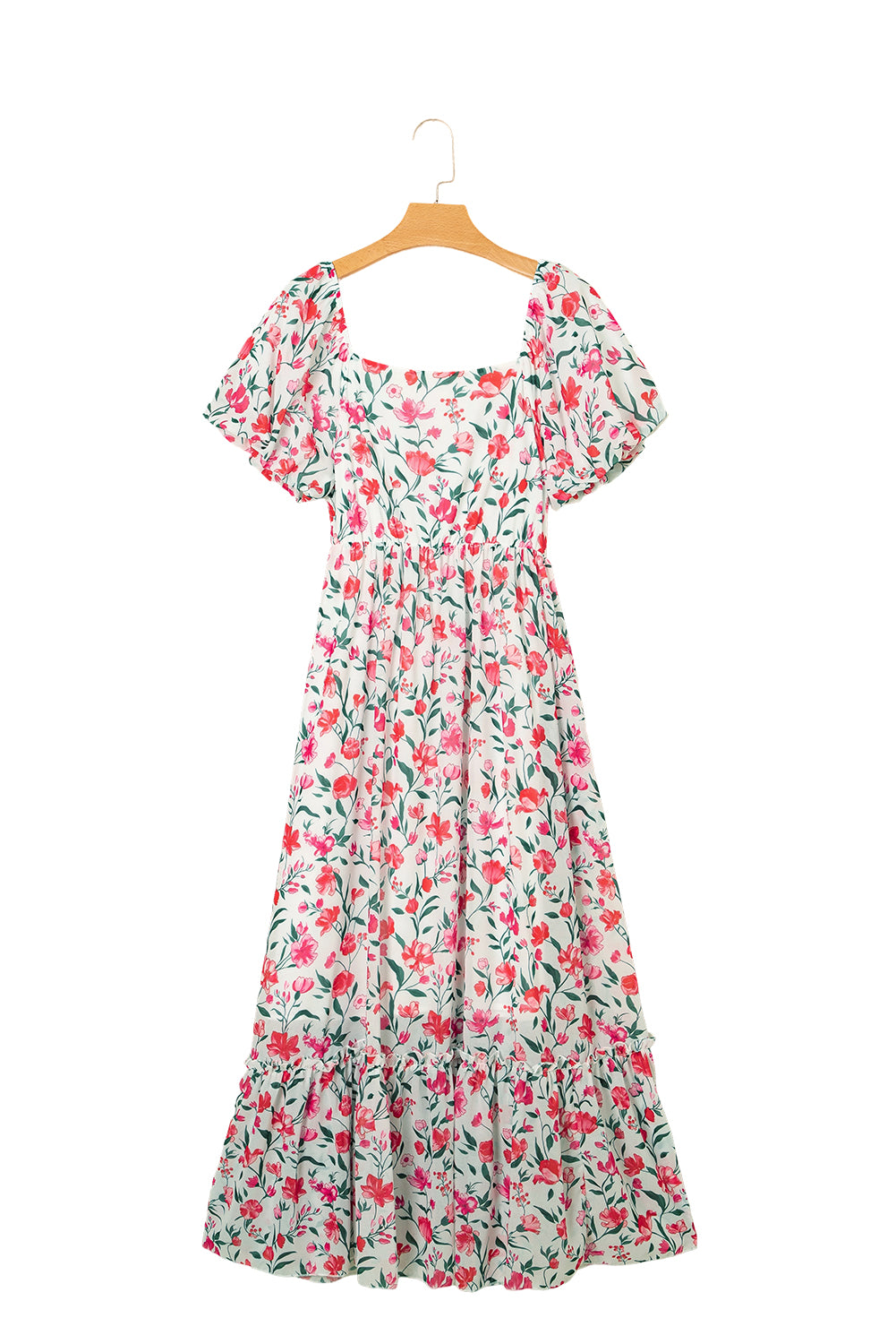 Floral Puff Sleeve Square Neck Empire Waist Tiered Maxi Dress