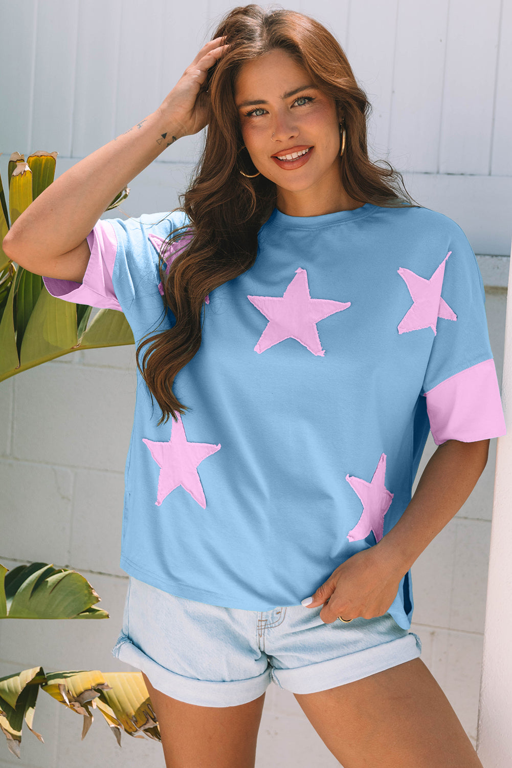 Frayed Denim Star Patched Oversize T Shirt