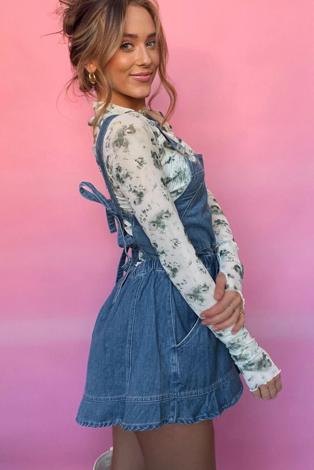 Buckle Straps Bib Style Drawstring Tied Backless Flared Denim Romper