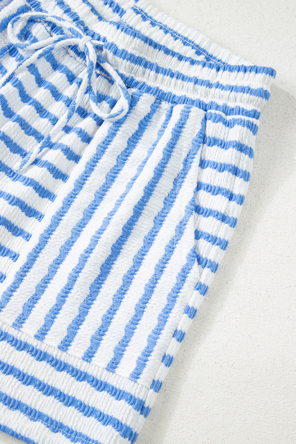 Stripe Knitted Short Sleeve Top and Drawstring Shorts Set