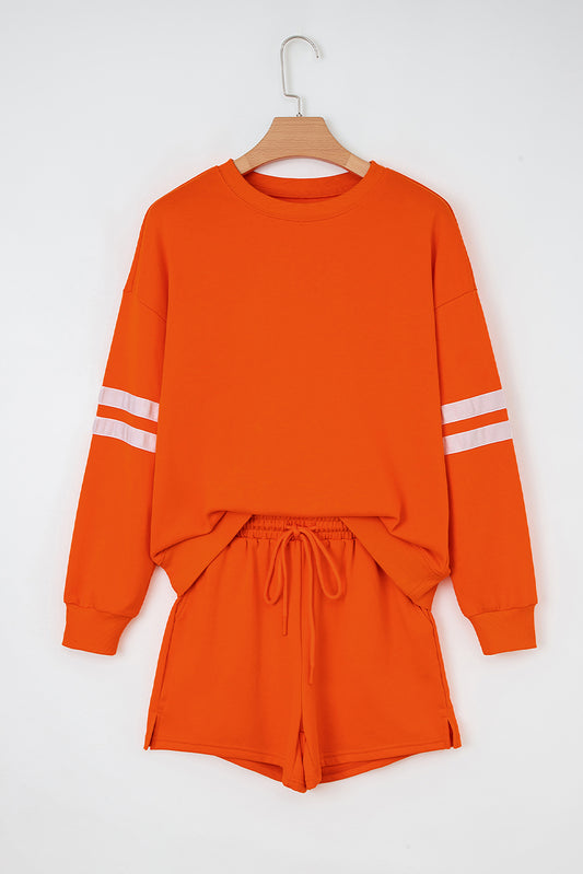 Varsity Striped Sleeve Drop Shoulder Sweatshirt and Short Set