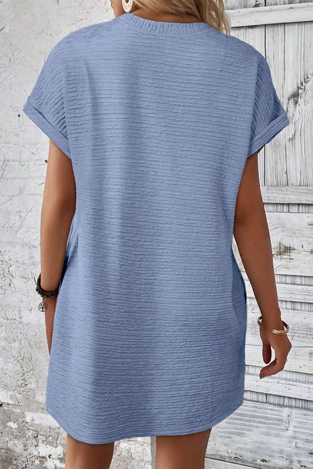 Solid Color Textured Crinkle Short Sleeve T Shirt Dress