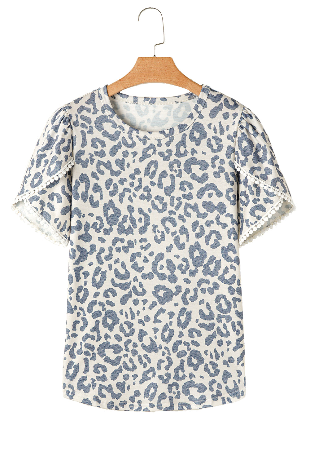 Leopard Round Neck Lace Trim Petal Sleeve T Shirt