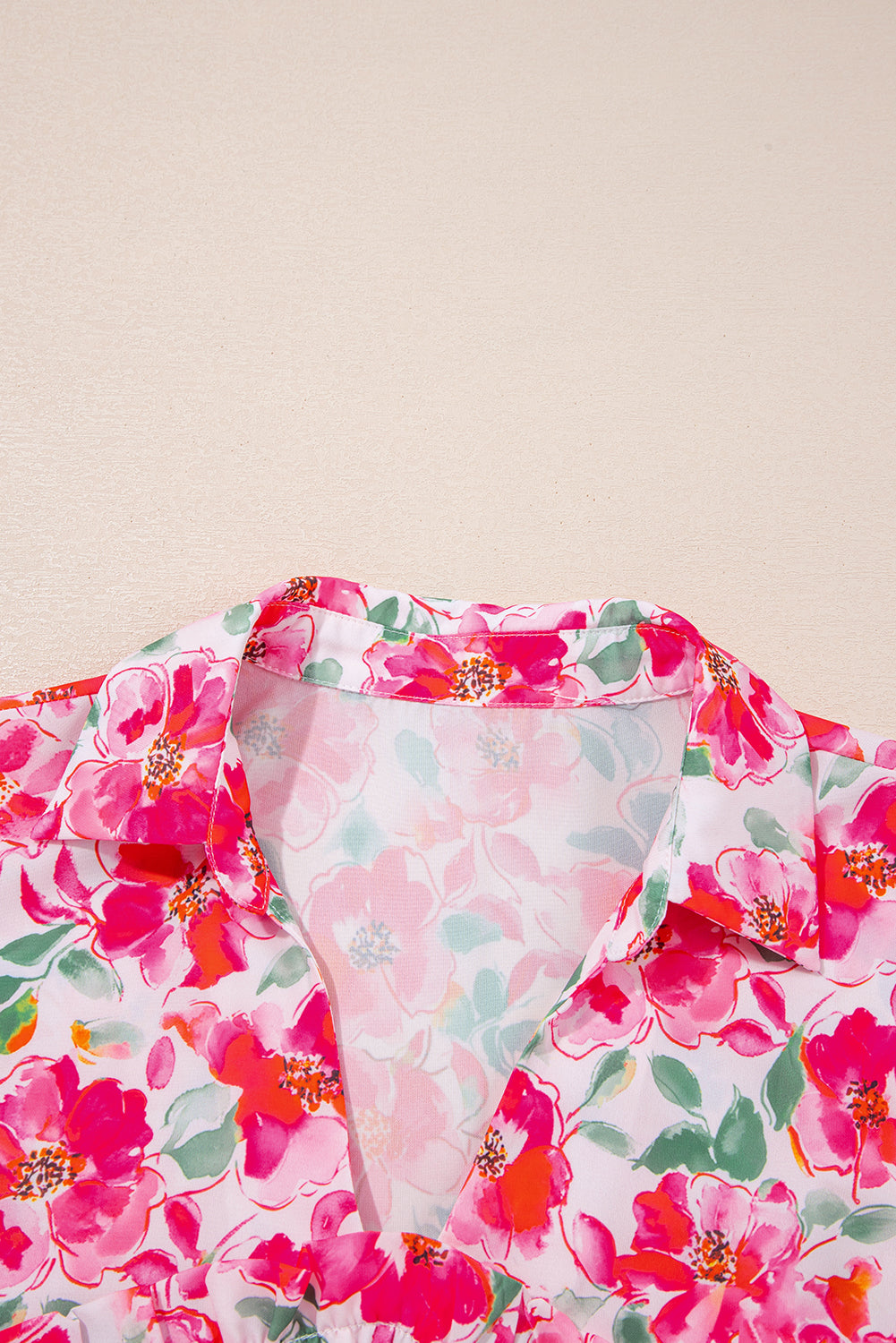 Floral Boxy Fit Ruffled Short Sleeve V Neck Blouse