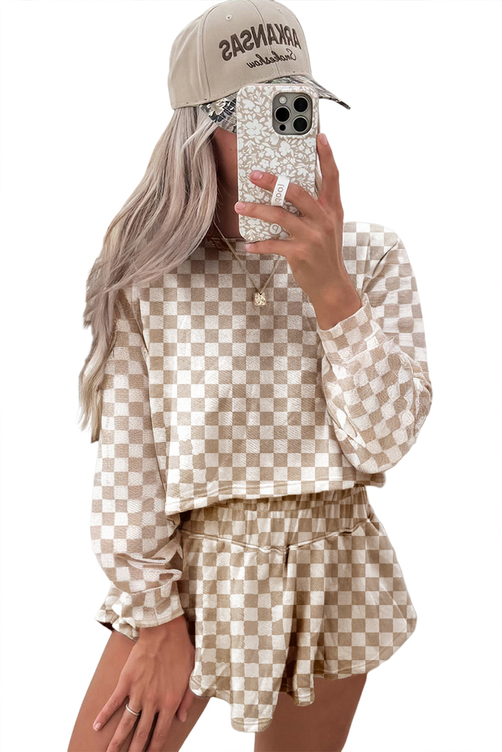 Checkered Long Sleeve Crop Top High Waist Skort 2pcs Set