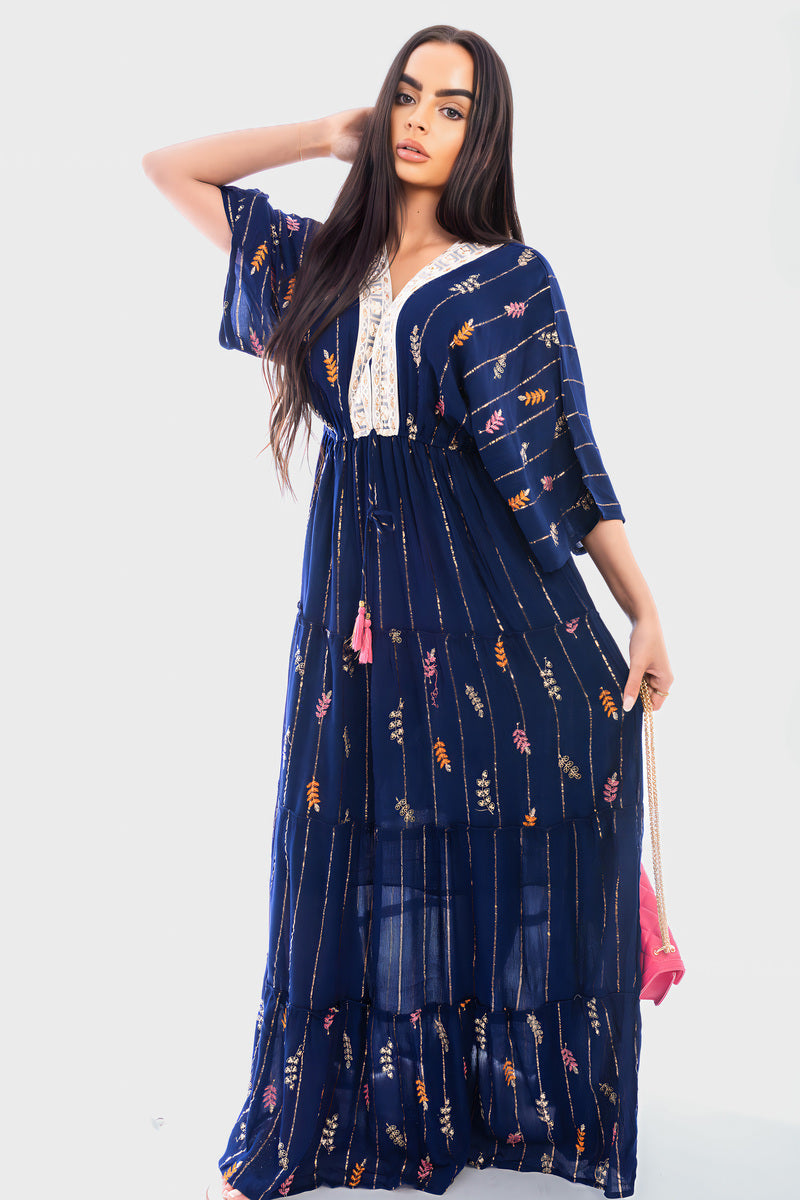V-Neck Tassel Printed Detail Maxi Dress