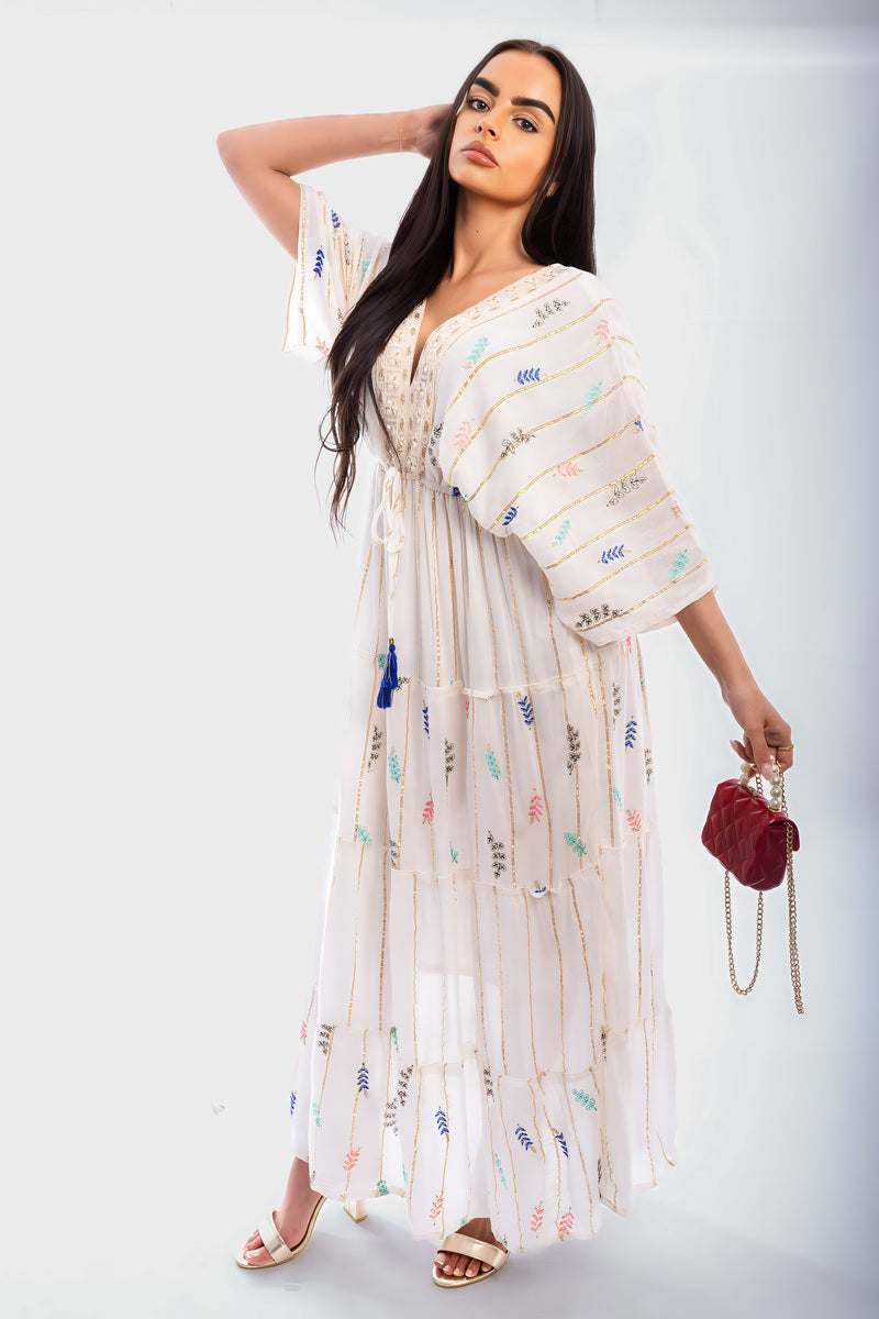 V-Neck Tassel Printed Detail Maxi Dress