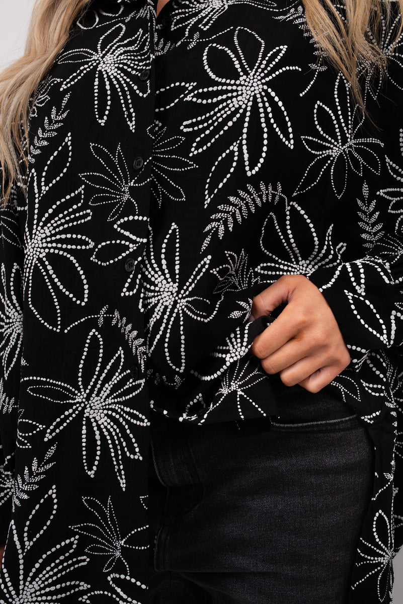 Floral Print Oversized Long Sleeve Button Down Top