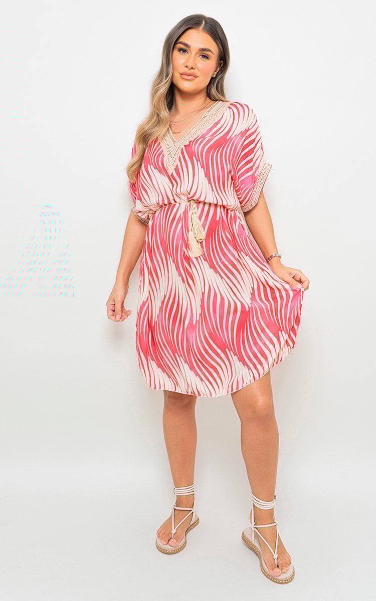 Belted Lace Panel Printed Mini Dress