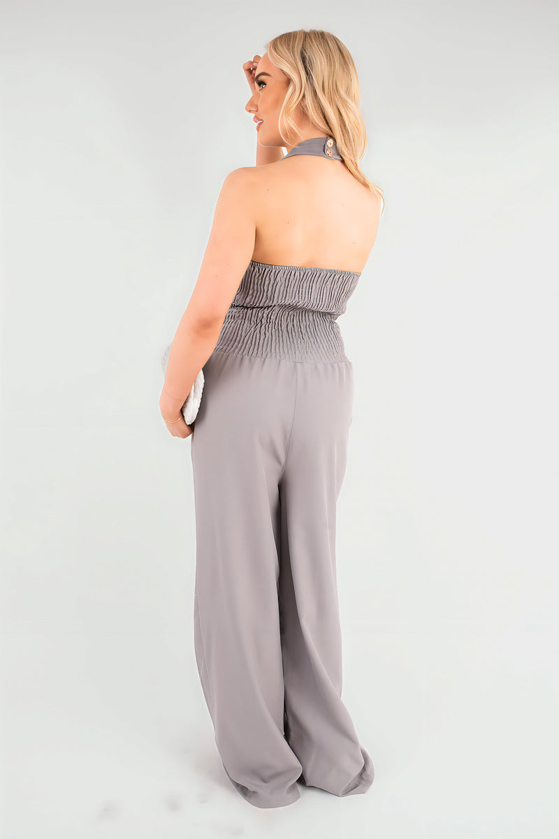 V-Neck Sleeveless Button Front Detail Jumpsuit