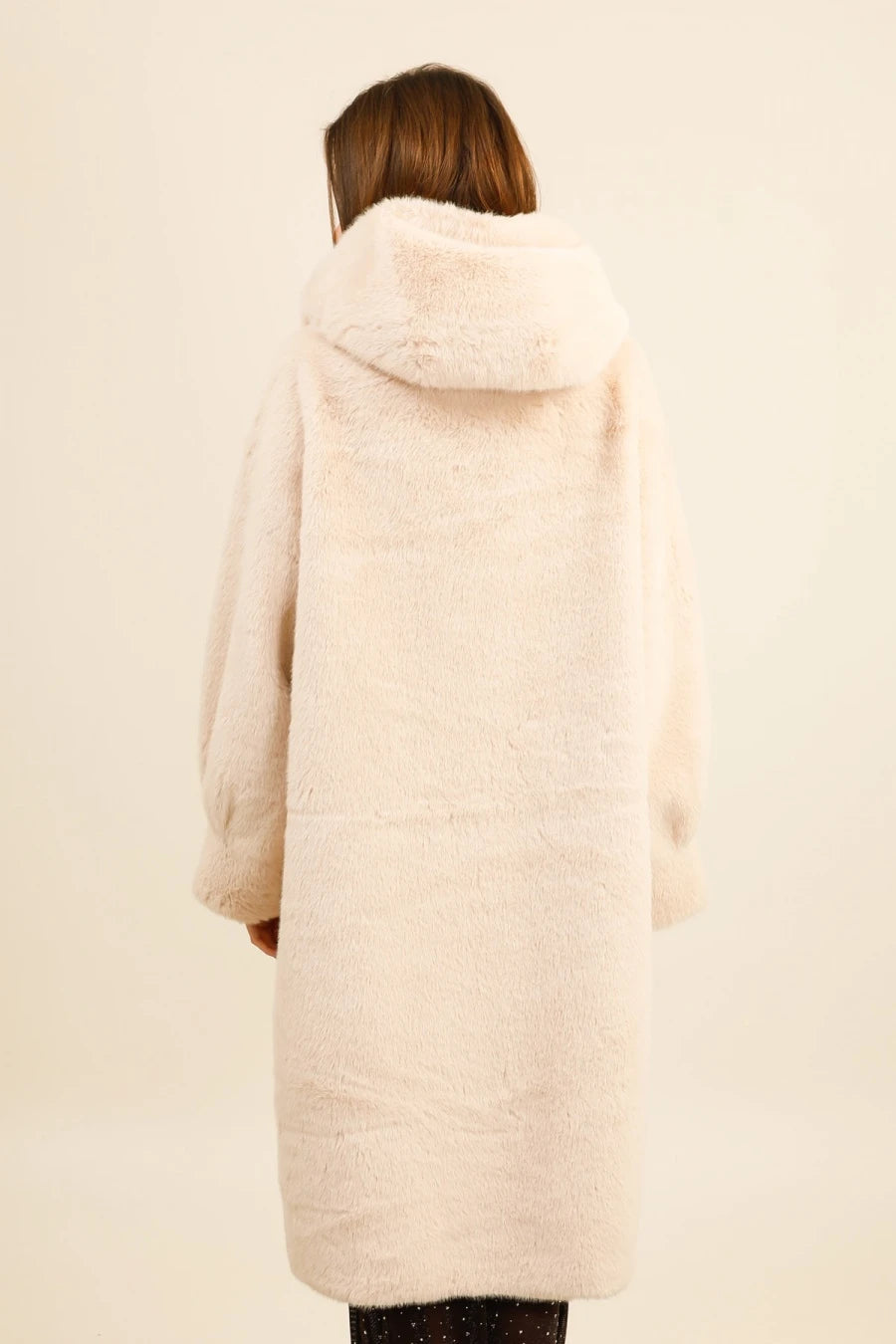 Long hooded coat in premium faux fur