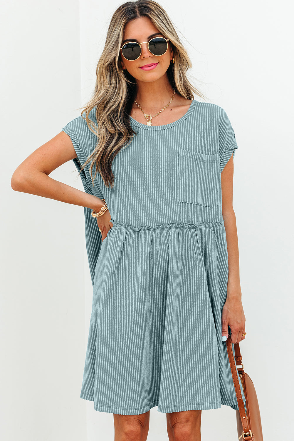 Corded Knit Textured Patched Pocket Frilled Swing Mini Dress with Pockets